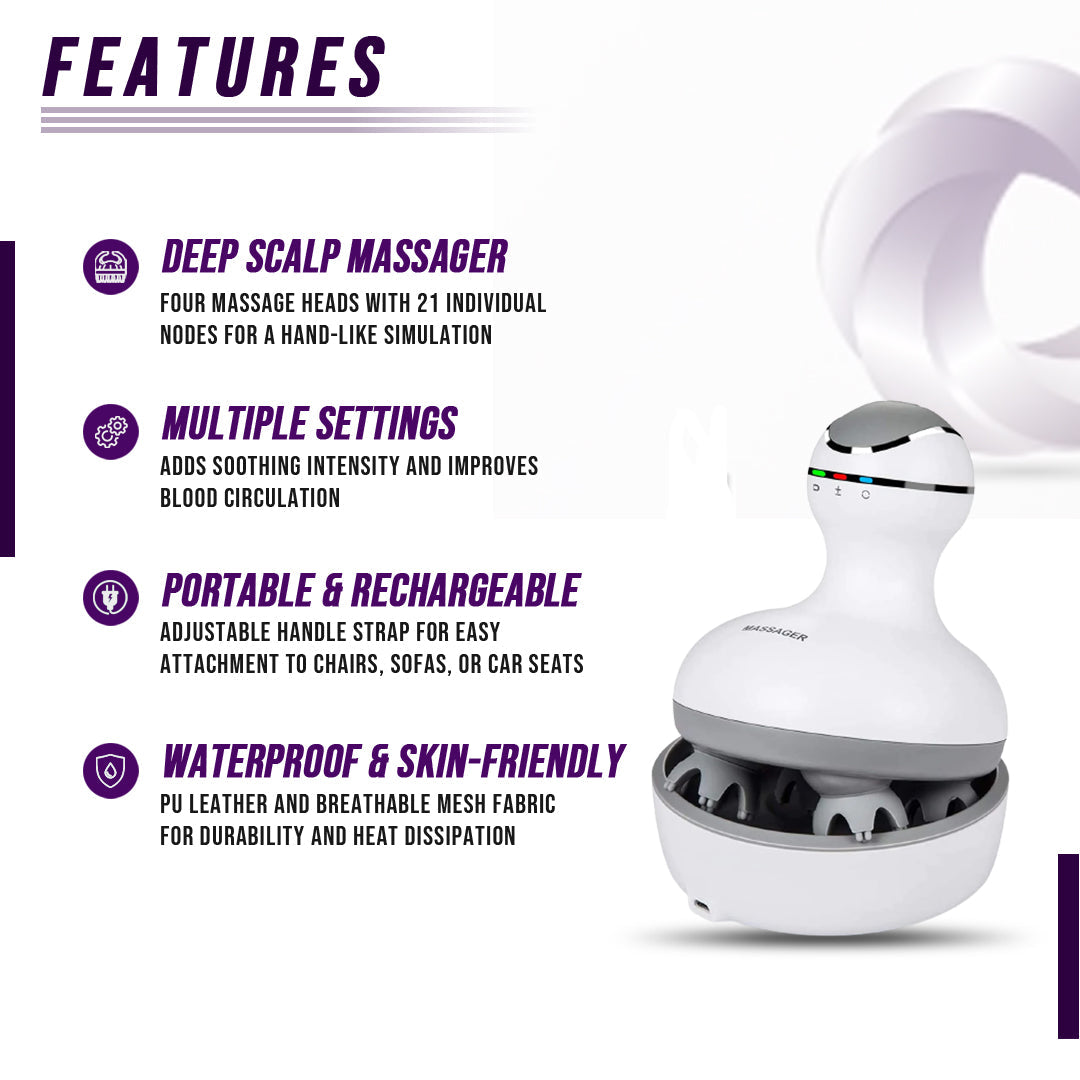 Smart Electric Scalp Massager — Deep Rotation Massage, 4 Interchangeable Heads